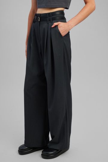 Nellie Belted Pleated Pants - Charcoal