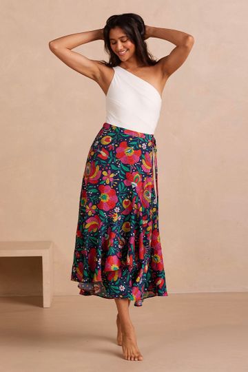 The Silky Luxe Beach to Brunch Wrap Skirt - Super Bloom
