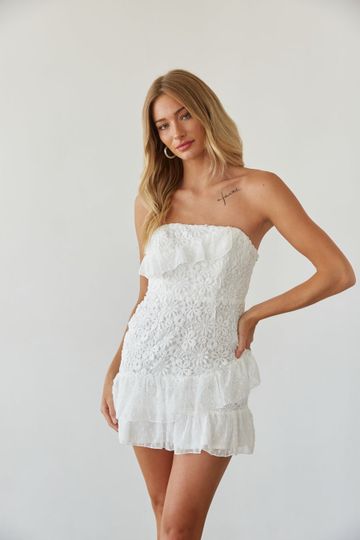 Cece Strapless Lace Ruffle Tie Back Mini Dress