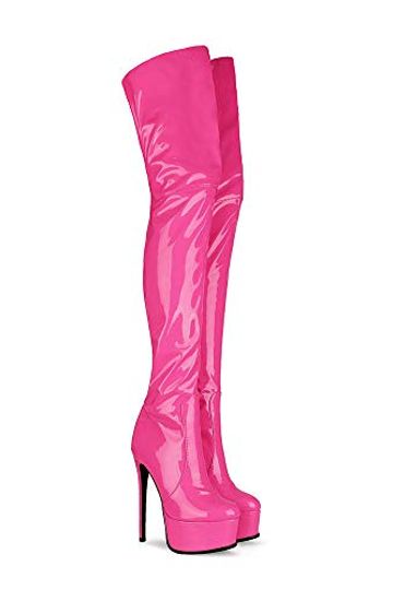 Fandimeier Women's Plus Size Hot Pink Black Long Boots Over The Knee Thigh High Boot Zipper Ladies Men's Unisex Patent Leather Platform Shoes-PINK-6.5