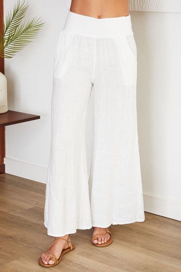 Venti6 Linen Stretch Waistband Wide Leg Pants - White