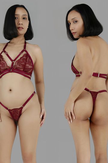 Sexy see through lingerie set in burgundy red lace strappy harness bra sheer adjustable panties g string