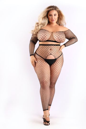 Queen Stunner Long Sleeve Top & Crotchless Tights Black