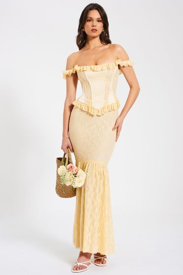 Ersilia Pale Yellow Satin Lace Peplum Corset Off Shoulder Maxi Dress