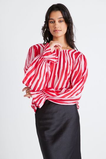By Rosa Endless Blouson Sleeve Top - Red/Pink Stripe