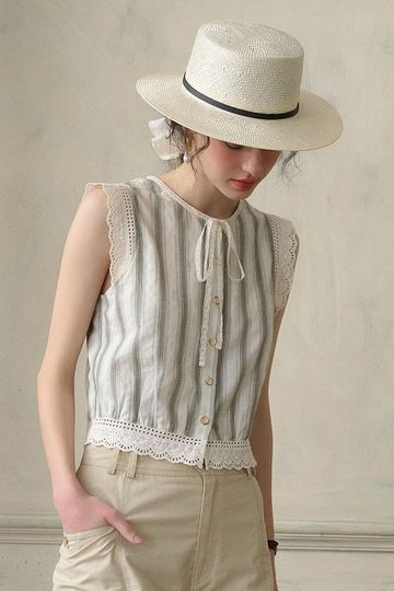 Arielle Bow Crew Neck Lace-paneled Striped Sleeveless Cotton Top