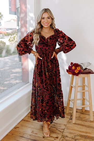Harvest Garden Velvet Burnout Midi in Windsor Wine