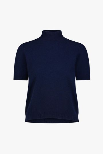 Minnie Rose Cotton Cashmere Short Sleeve Mock Neck Top in Navy
