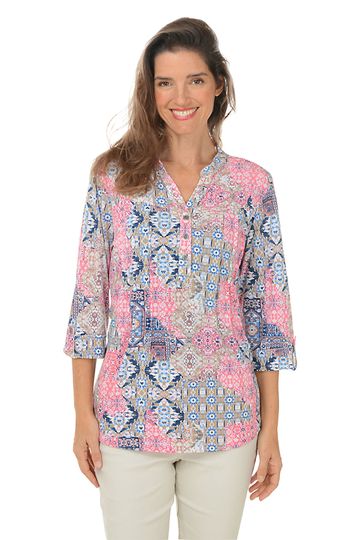Rose Amour Pleated Patch Print Top