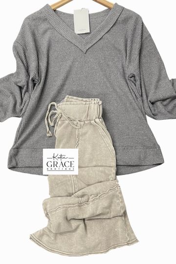 "Kendra" Soft Ribbed Top, Soft Grey