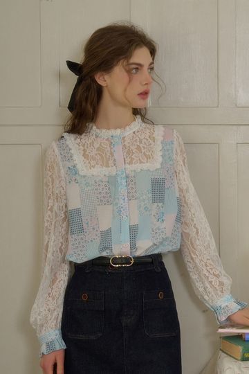 Vivienne Lace Collar Patchwork Blouse - Blue