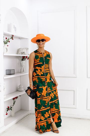 HALIMA AFRICAN PRINT MAXI FRONT ZIP DRESS [ORANGE]
