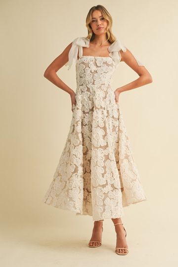 3D Tie Bow Straps Embroidery A-Line Midi Dress