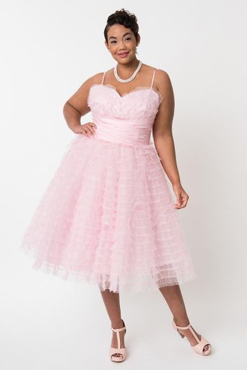 Unique Vintage Plus Size 1950s Pale Pink Ruffled Tulle Sweetheart Cupcake Swing Dress