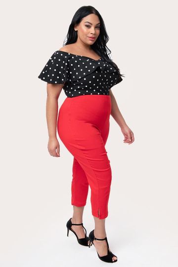 Unique Vintage Plus Size Red High Waist Rachelle Capri Pants