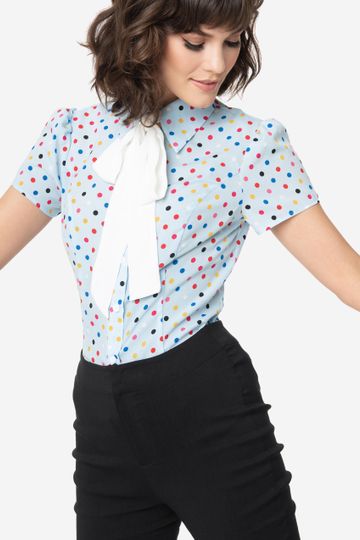 Smak Parlour Light Blue & Rainbow Dot Neck Tie Power Play Blouse