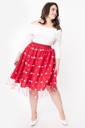 Plus Size Retro Style Red & White Heart Tulle Skirt