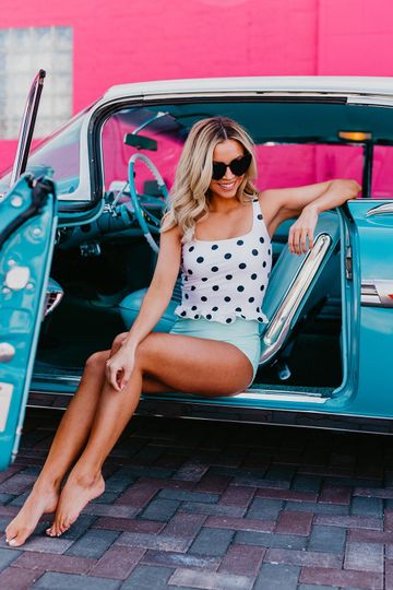 PINK DESERT MINI RUFFLE CROP PEPLUM SWIM TOP IN POLKA DOT