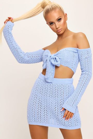 Light Blue Off The Shoulder Crochet Tie Top