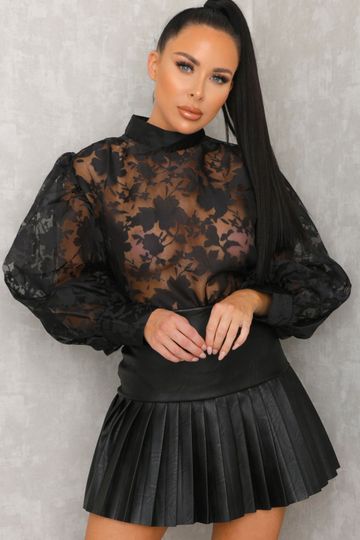 Black Lace Floral High Neck Cuffed Mesh Organza Top - Sammy