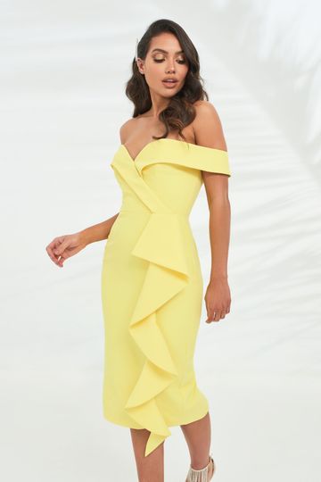 Bardot Midi Dress With Waterfall Ruffle in Yellow