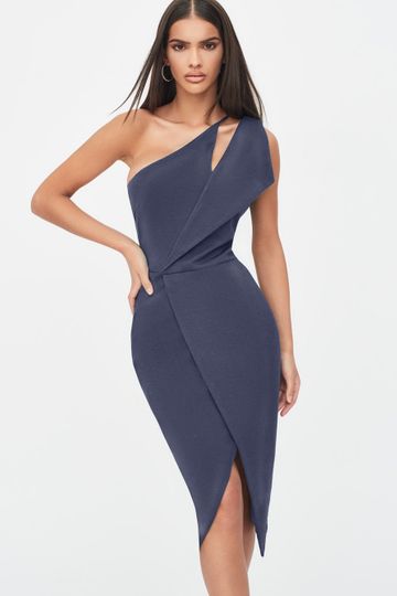 One Shoulder Cut Out Midi Wrap Dress in Navy Blue