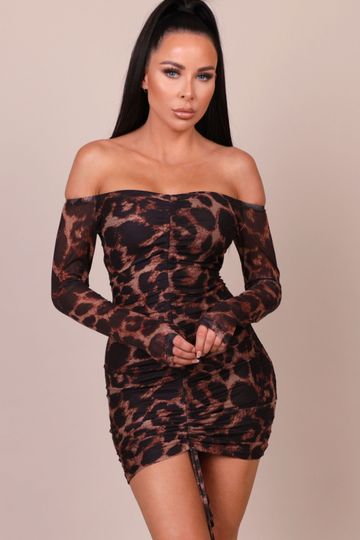 Leopard Print Bardot Ruched Bodycon Mini Dress - Addisyn