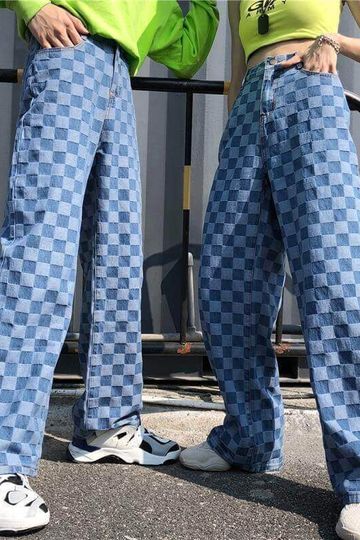 Checker Plaid Blue Loose Pants